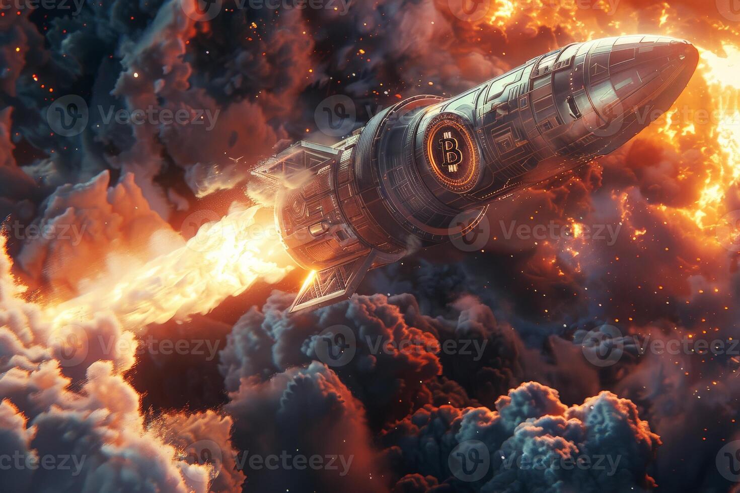 In the sky, a rocket bearing the letter b cruises amidst the clouds photo