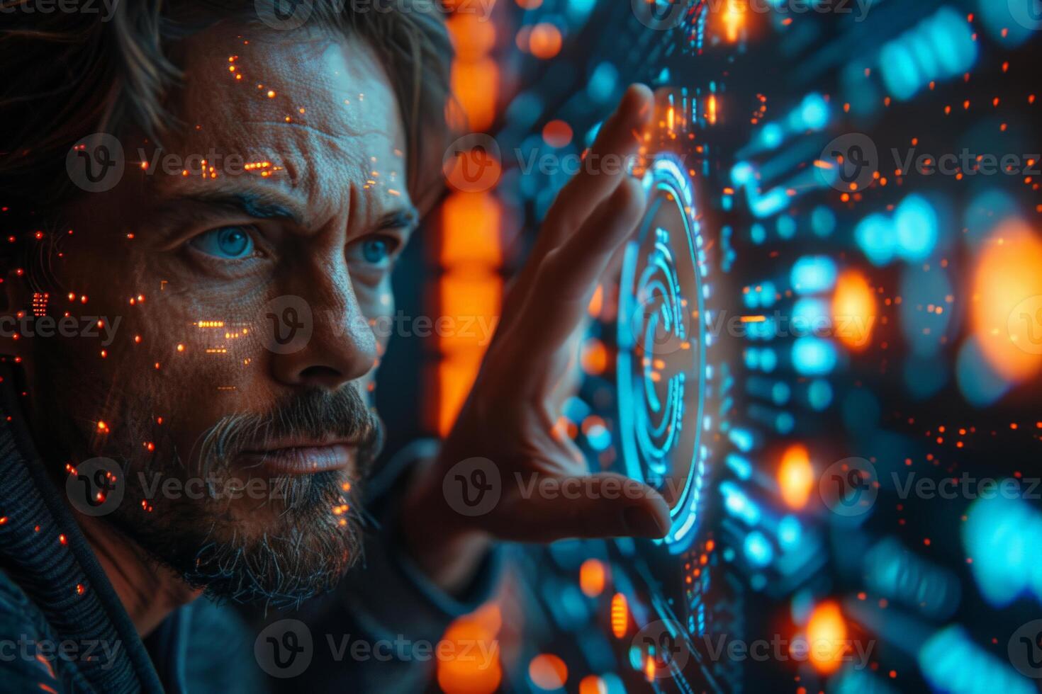 A man is interacting with a hightech display using his hand photo