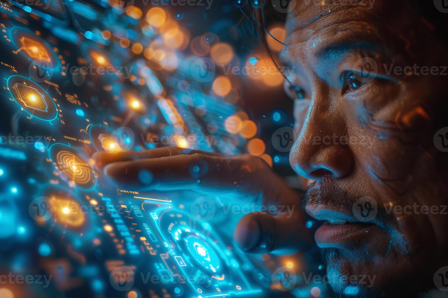 A man with a beard looks at a computer monitor with electric blue glow photo