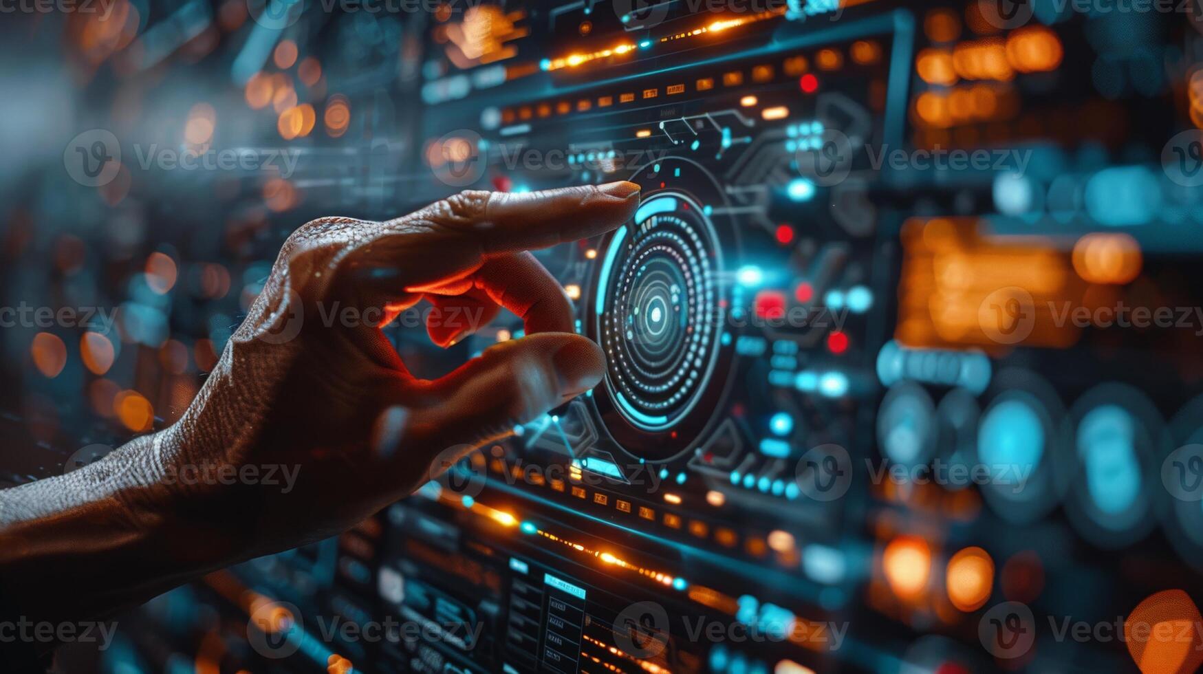 Hand pressing button on hightech screen with futuristic vibe in image photo