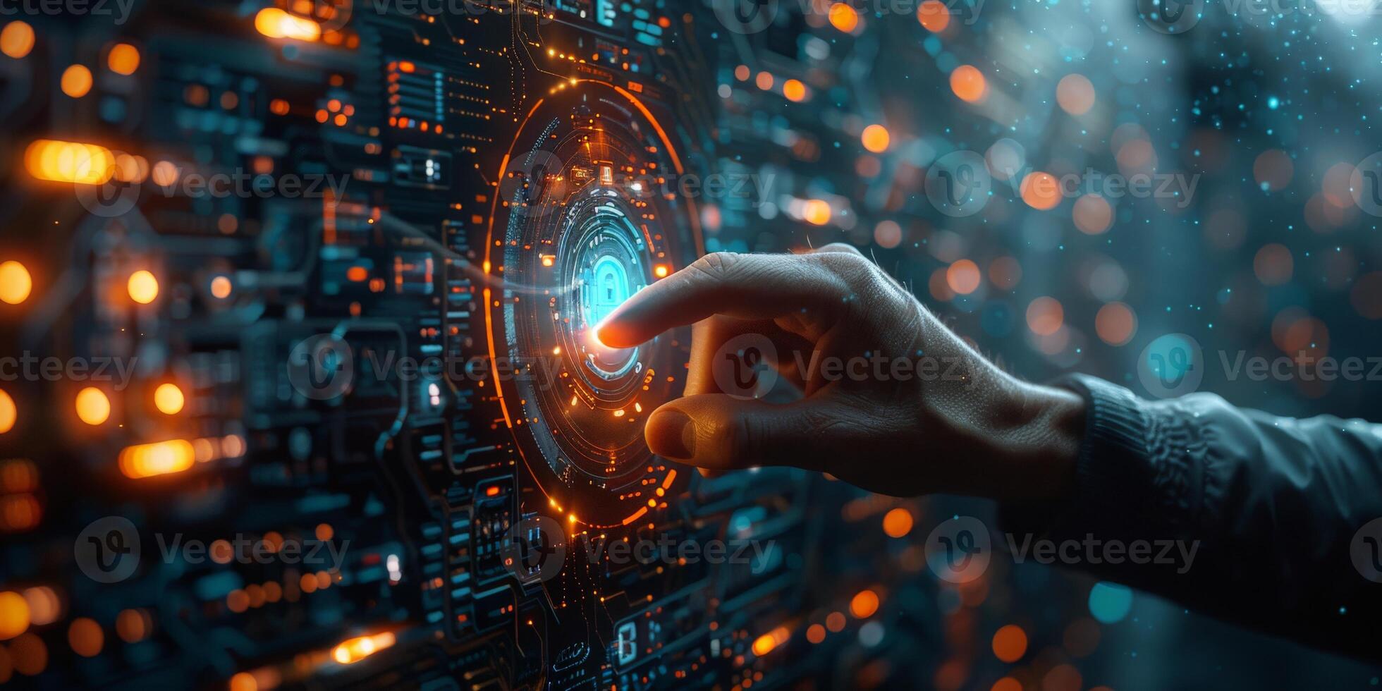 Hand pressing button on futuristic screen with blue lights and space art photo