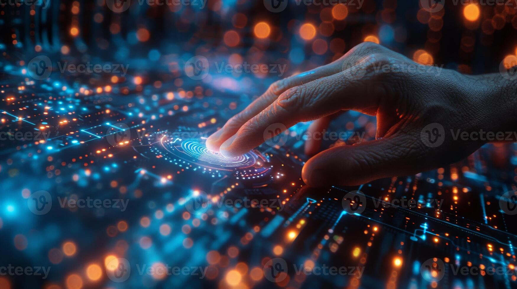 In the image, a hand is seen pressing a button on a modern screen photo