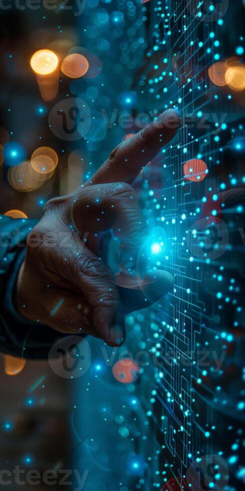 Person s hand pressing button on computer screen photo