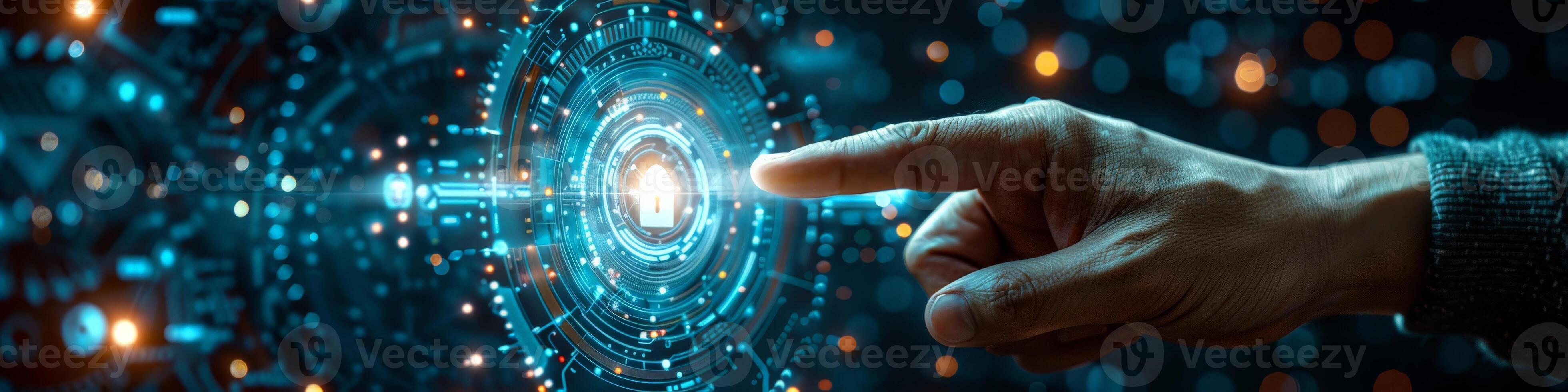 A person is seen pressing a button on a sophisticated screen photo