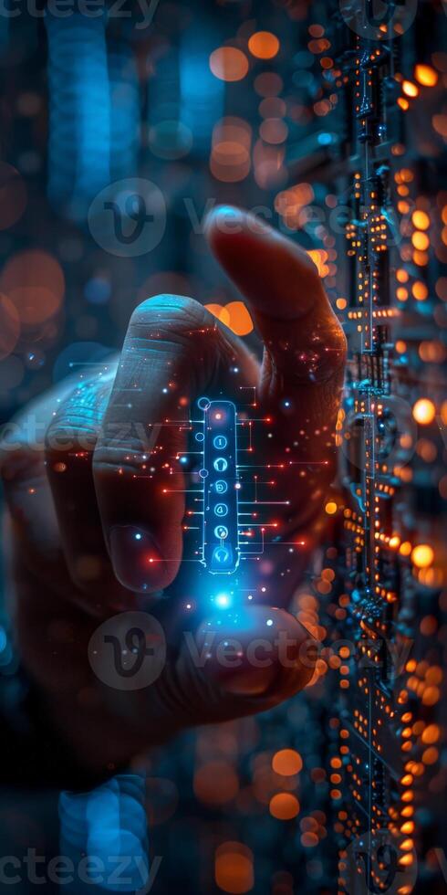 A closeup image showing a persons hand touching a circuit board photo