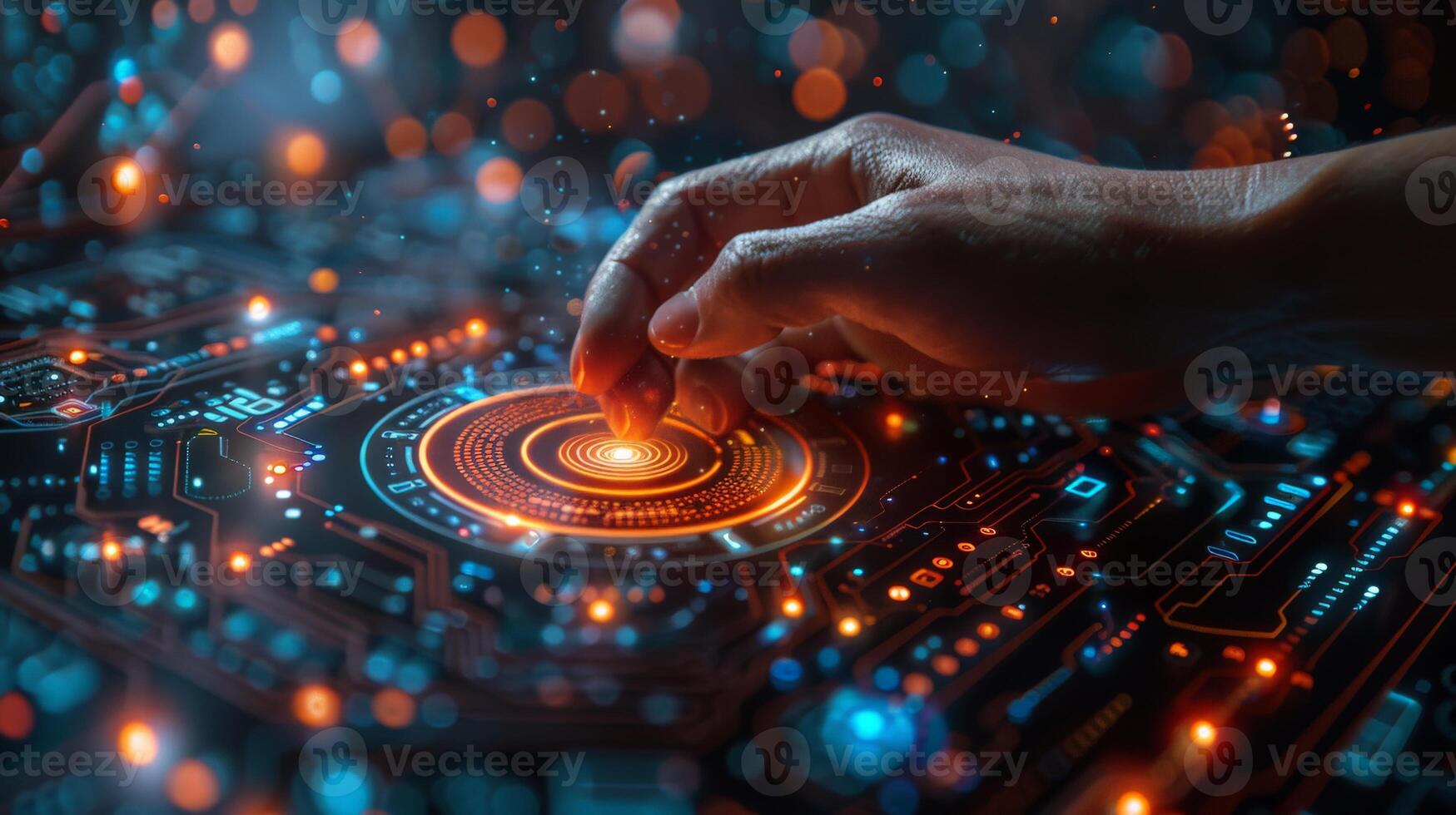 A persons hand presses a button on a circuit board in a room with audio gear photo