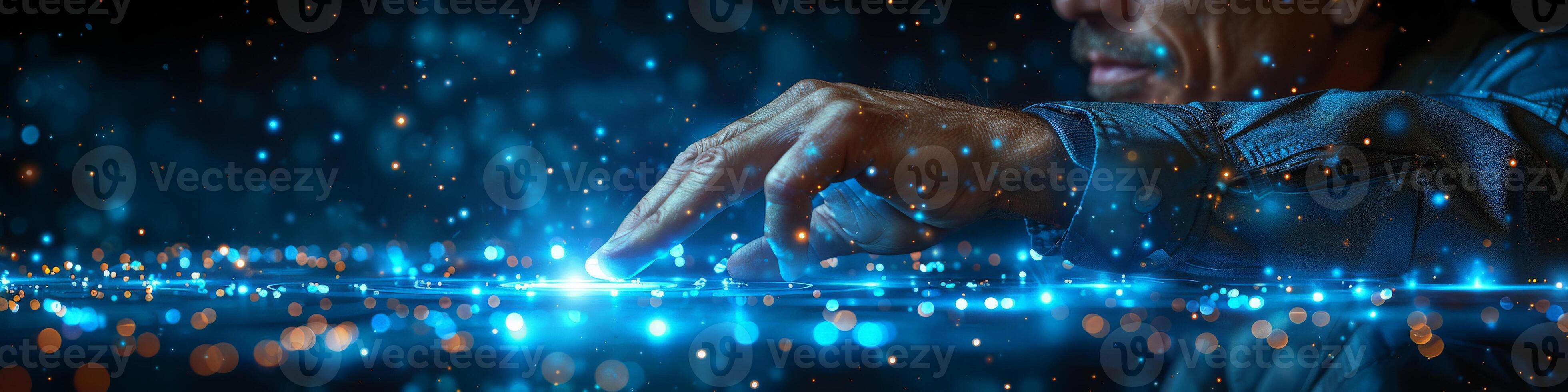A man is interacting with a hightech display screen using his finger photo