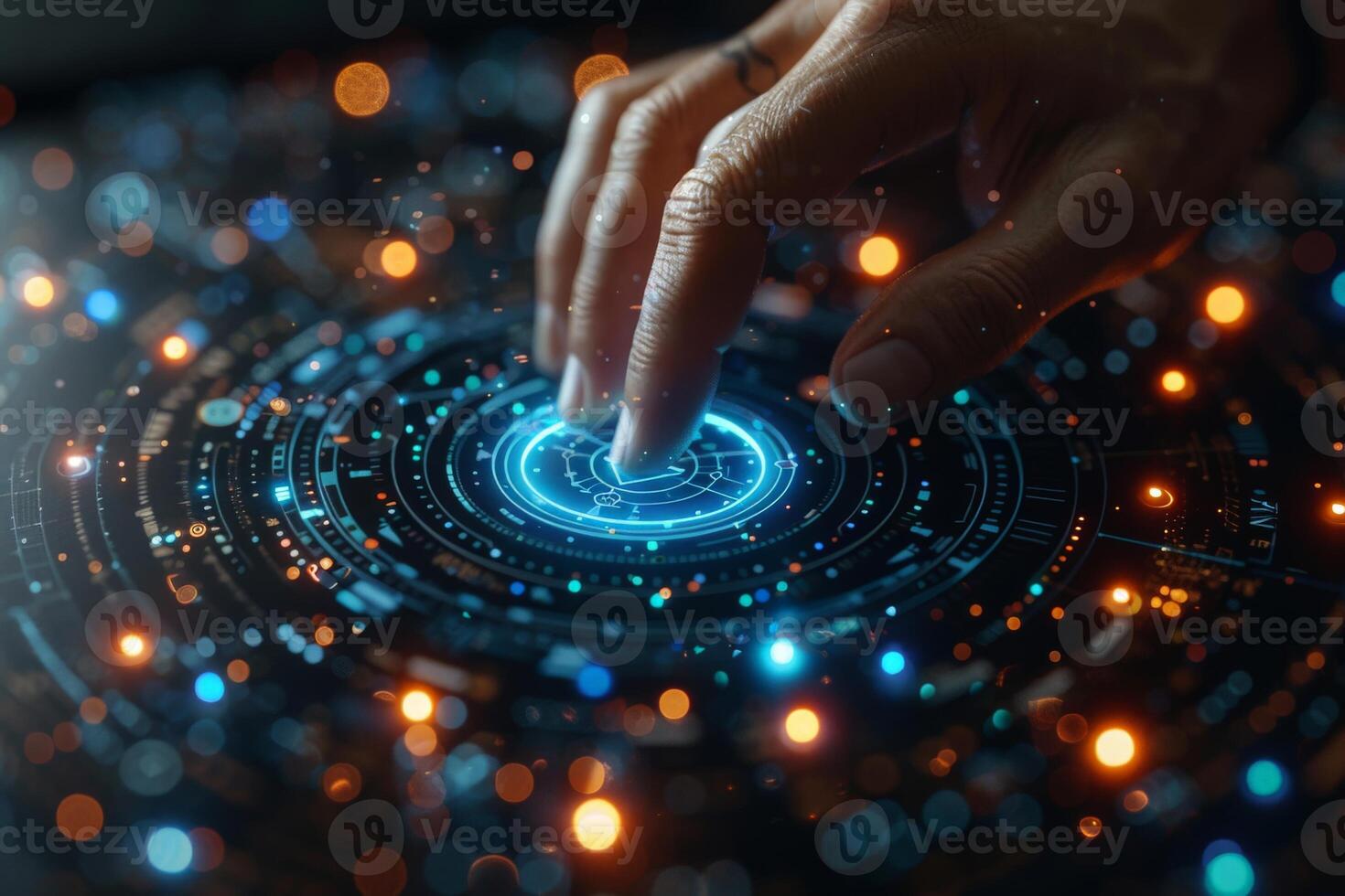 Person pressing button on futuristic touchscreen with hand photo