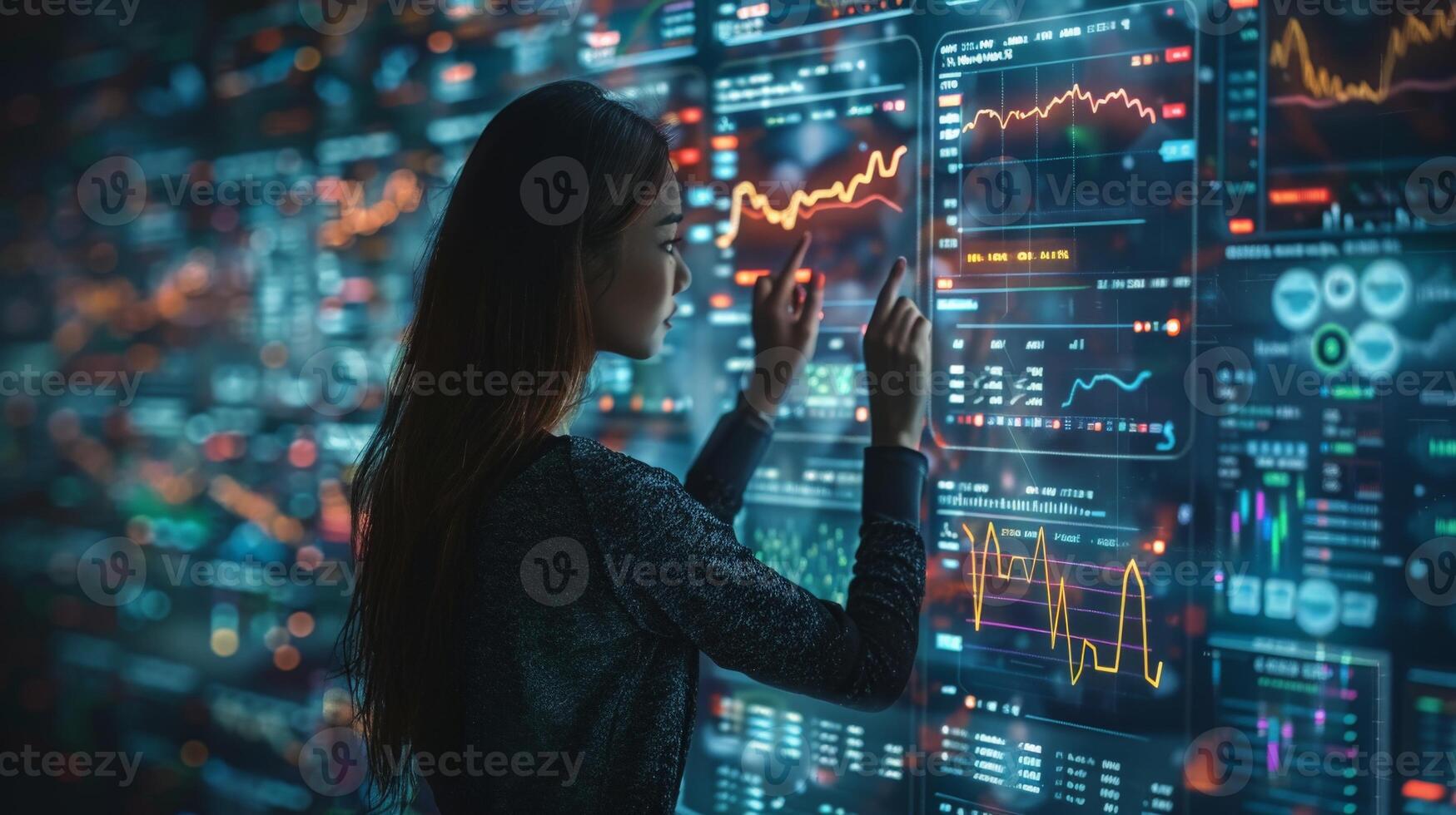 A woman is sitting in front of a computer screen displaying graphs photo