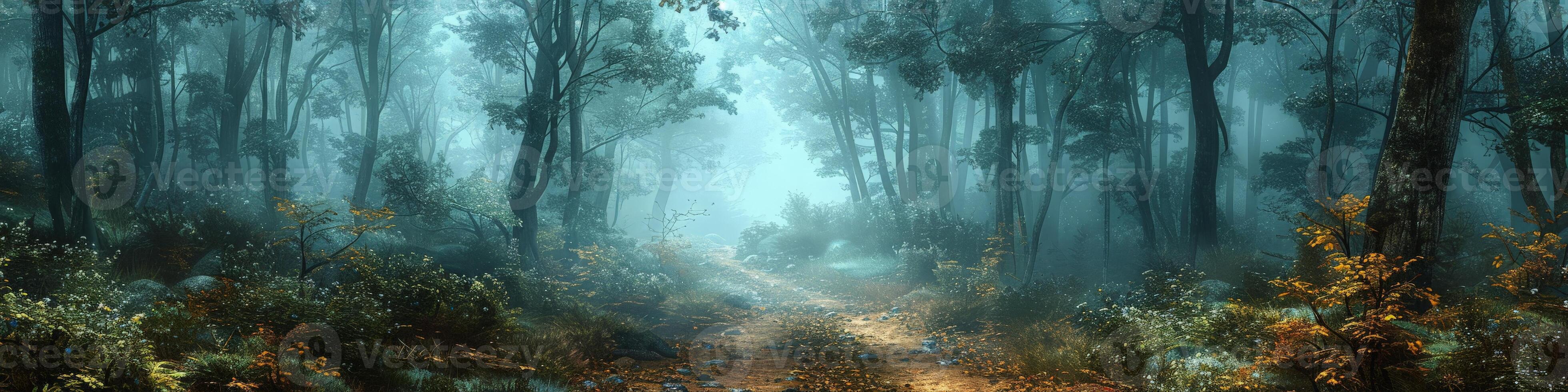 Imagine a path through a foggy forest with trees and colorful flowers photo