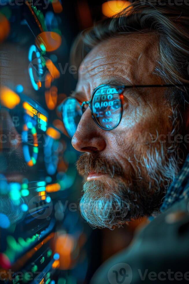 Man in glasses looking at computer, maybe involved in entertainment or music photo