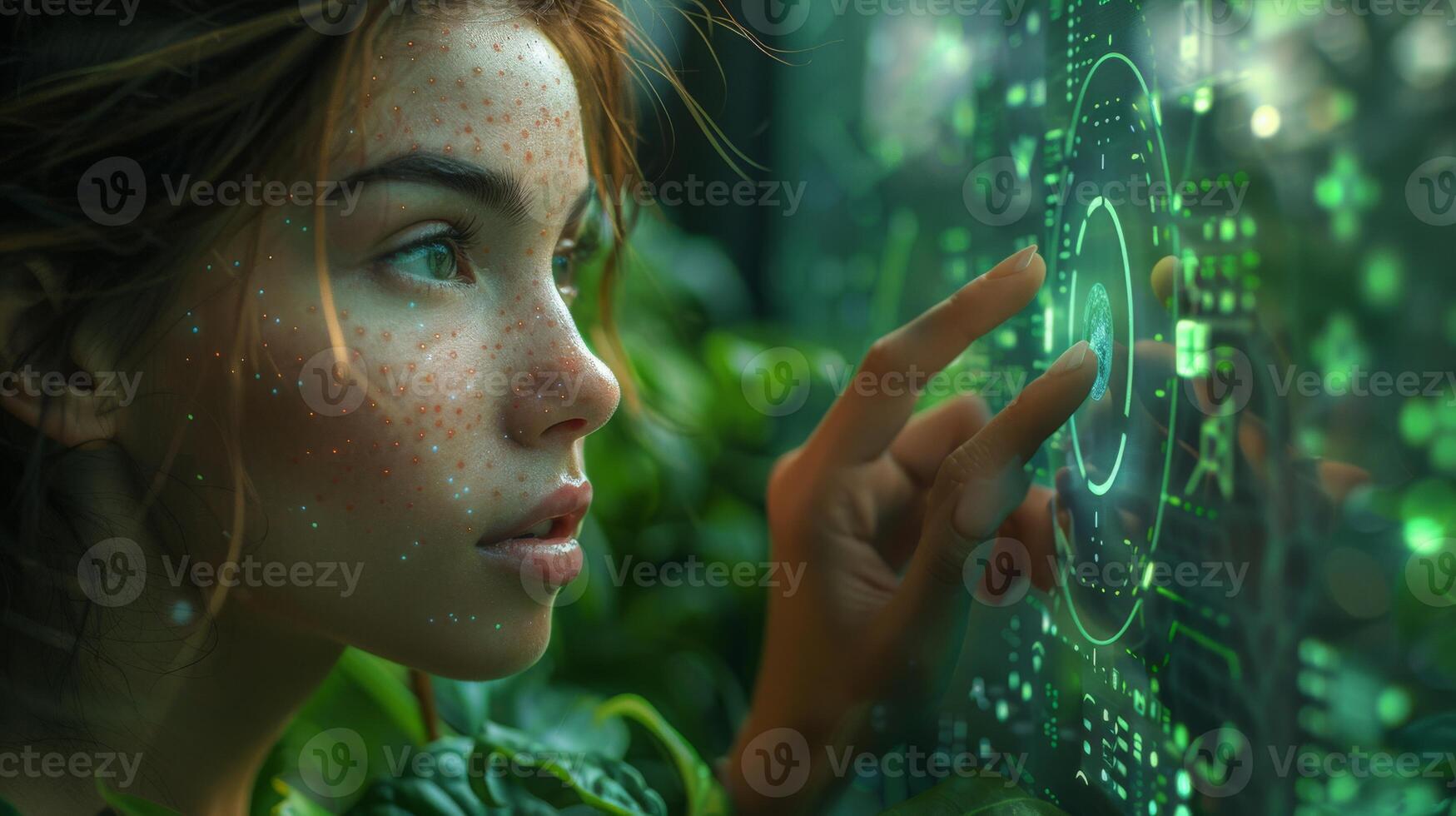 A woman with freckles is observing a hightech display photo