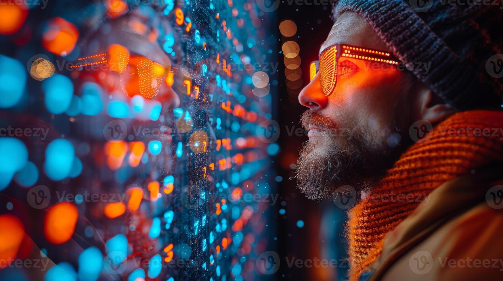 A man with glasses is focused on a screen displaying numbers photo