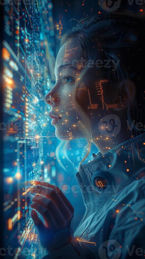 Woman looks at computer through window in dark room under blue light photo