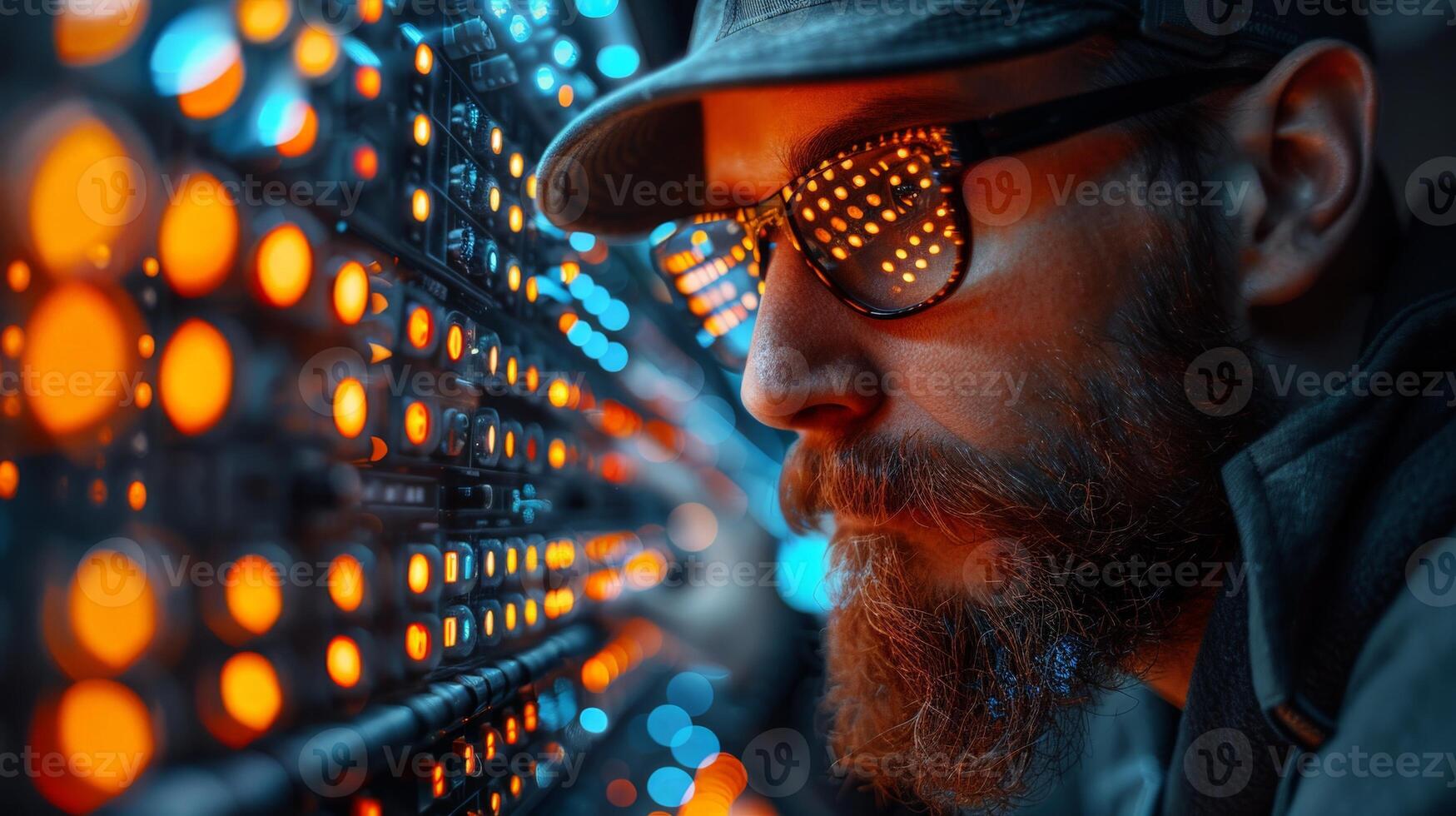 A man with a beard, glasses, and hat is working on a server photo