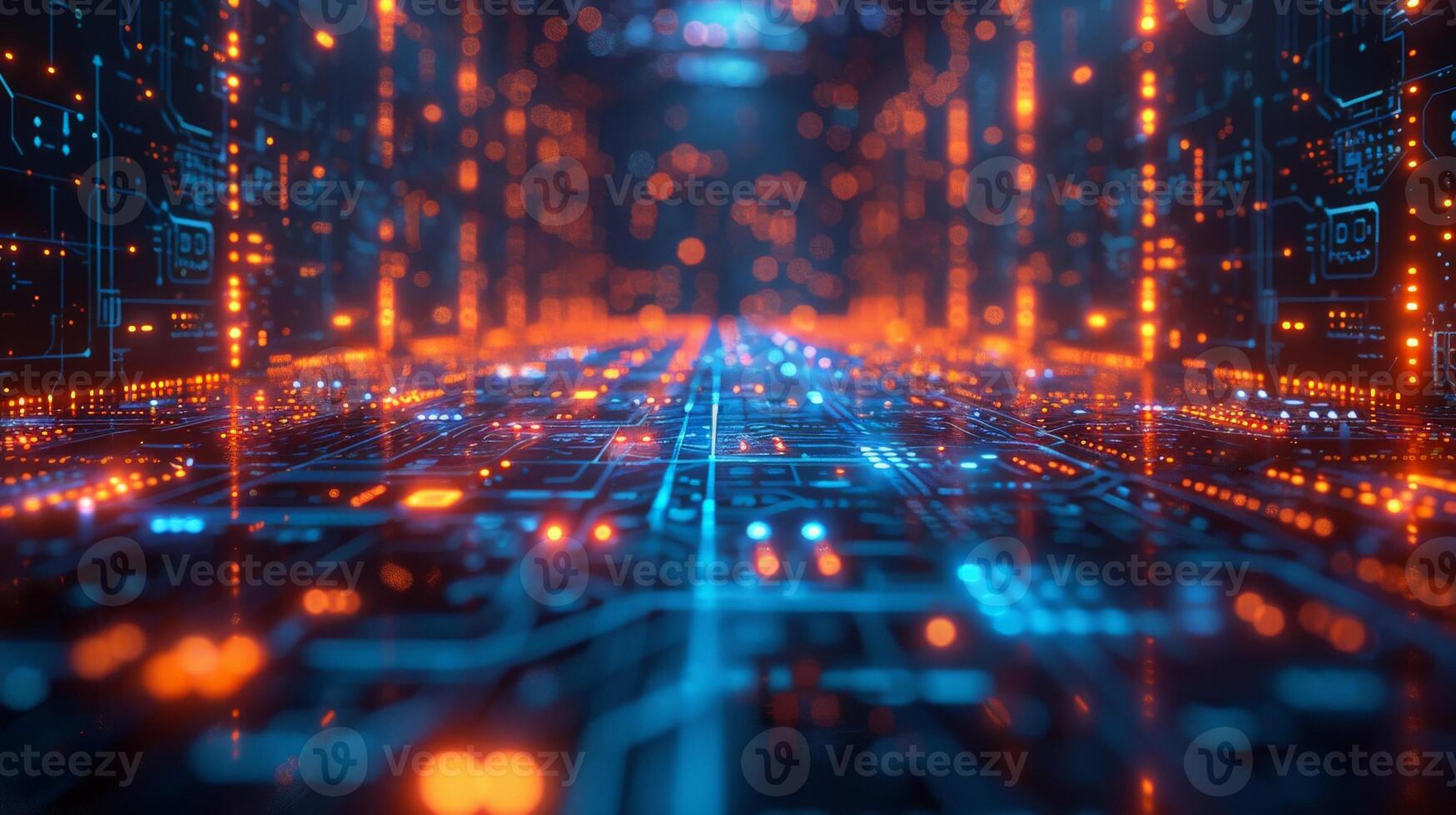 Computer generated futuristic city with circuit board in background photo