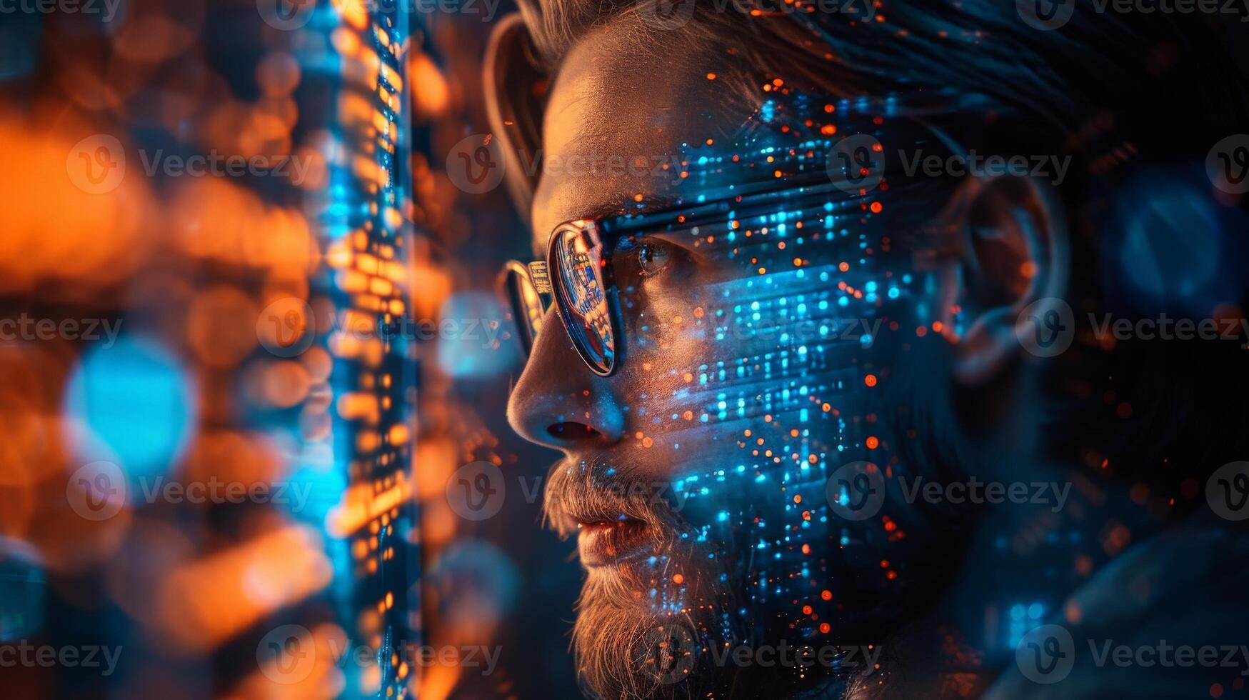 A man wearing glasses and a beard is focused on a computer screen photo