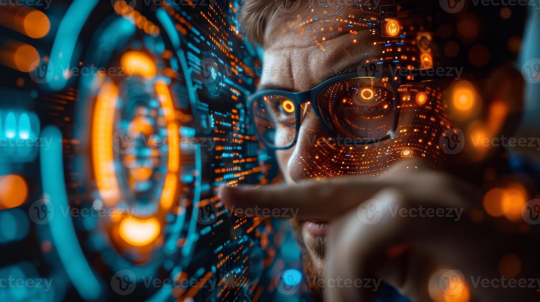 Man in glasses looks at futuristic screen with various keywords photo