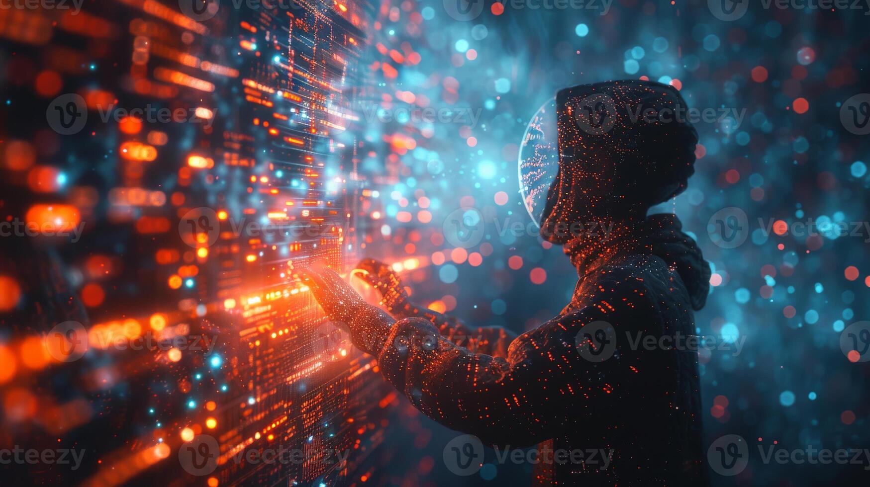 A hacker wearing a mask is sitting in front of a computer photo