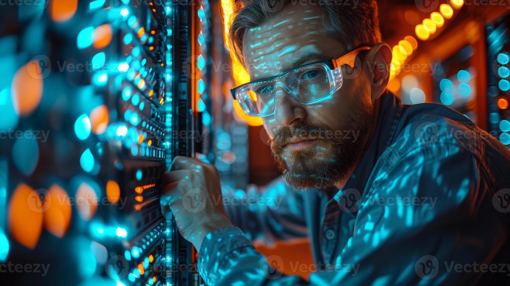 A man with glasses is operating a server in a data center photo