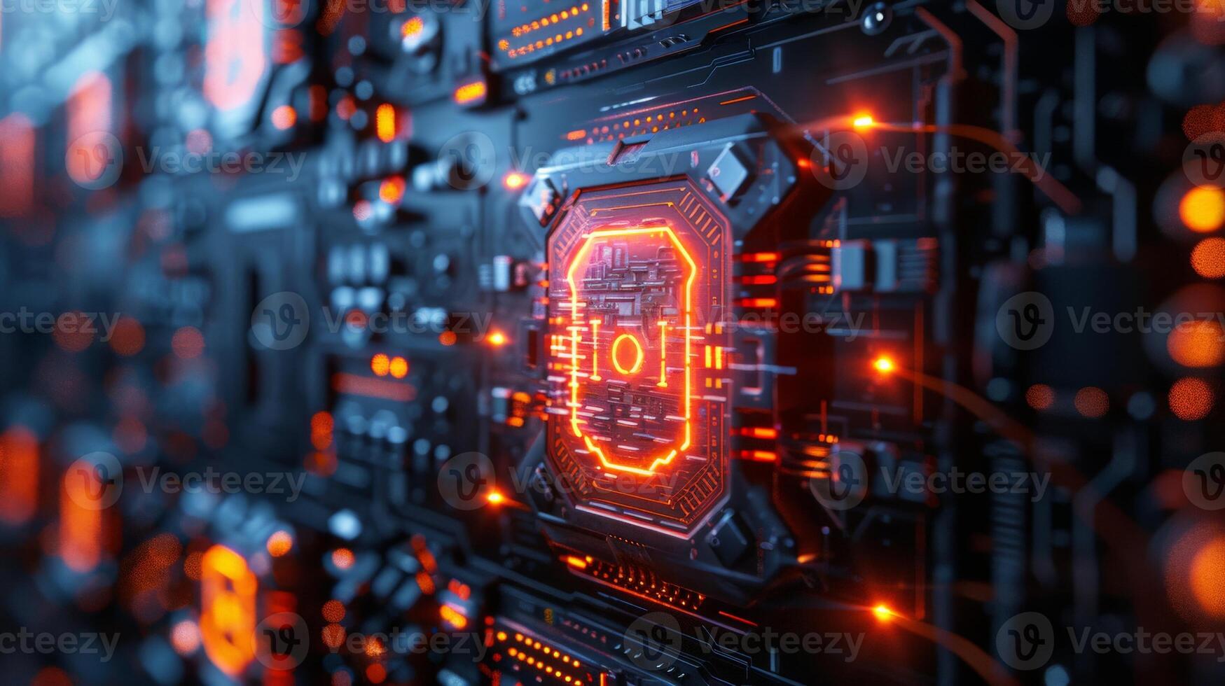 Close up of a computer chip with orange lights coming out photo