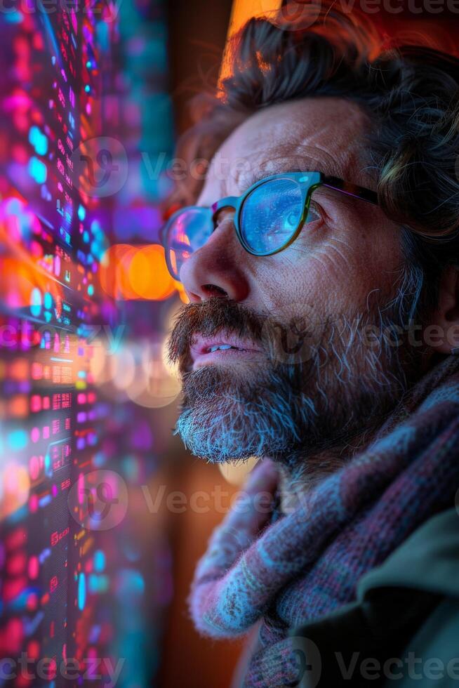 A man wearings glasses and sporting a beard is gazing at a computer monitor photo