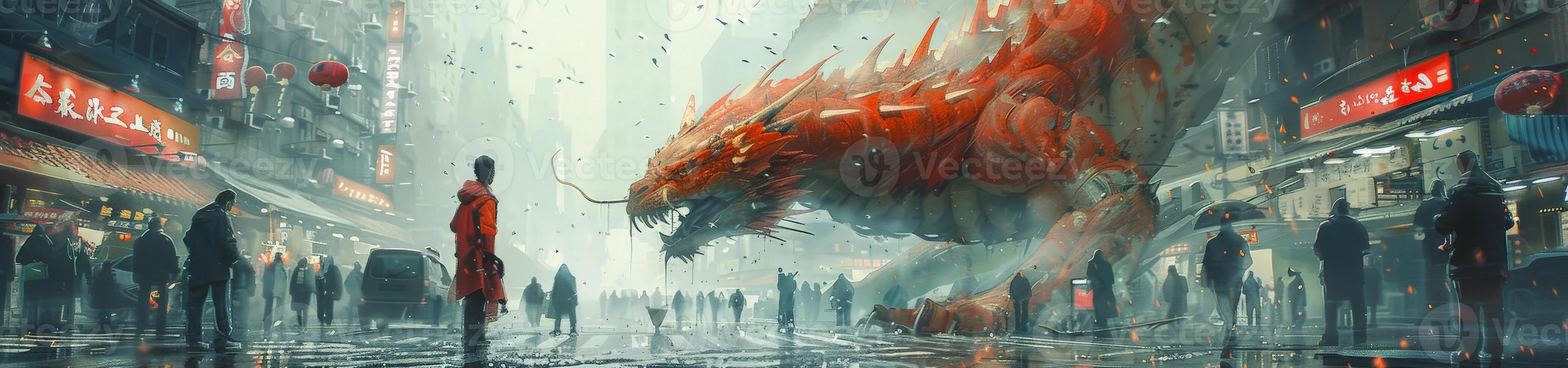 In the artwork, a man wearing a red coat faces a giant red dragon photo