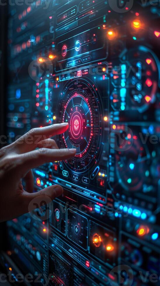 A person is using their finger to interact with a hightech display photo