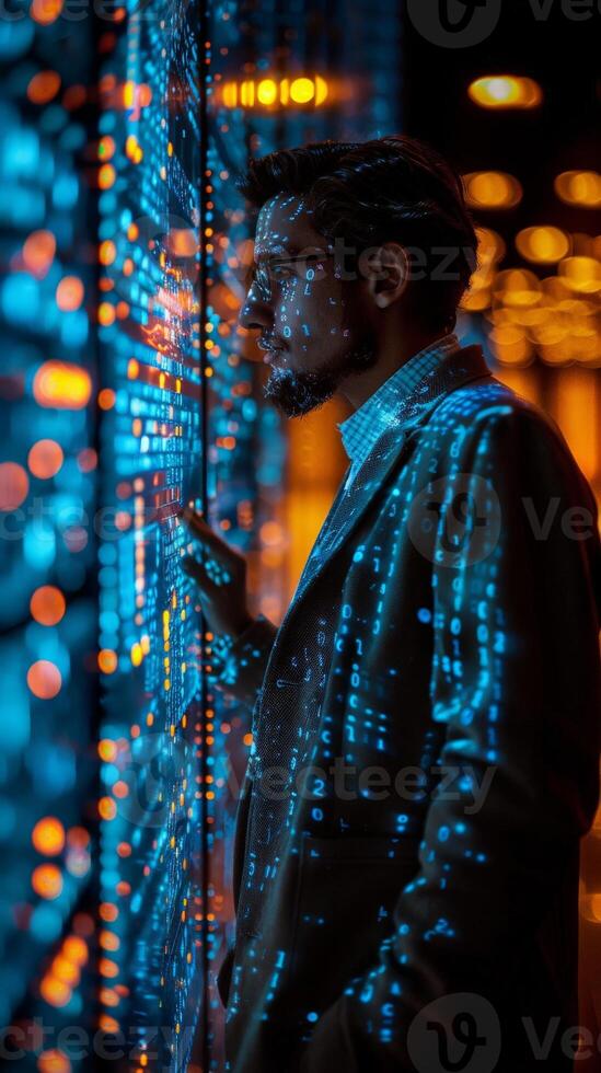 A man is focused on a computer screen displaying numerous dots photo
