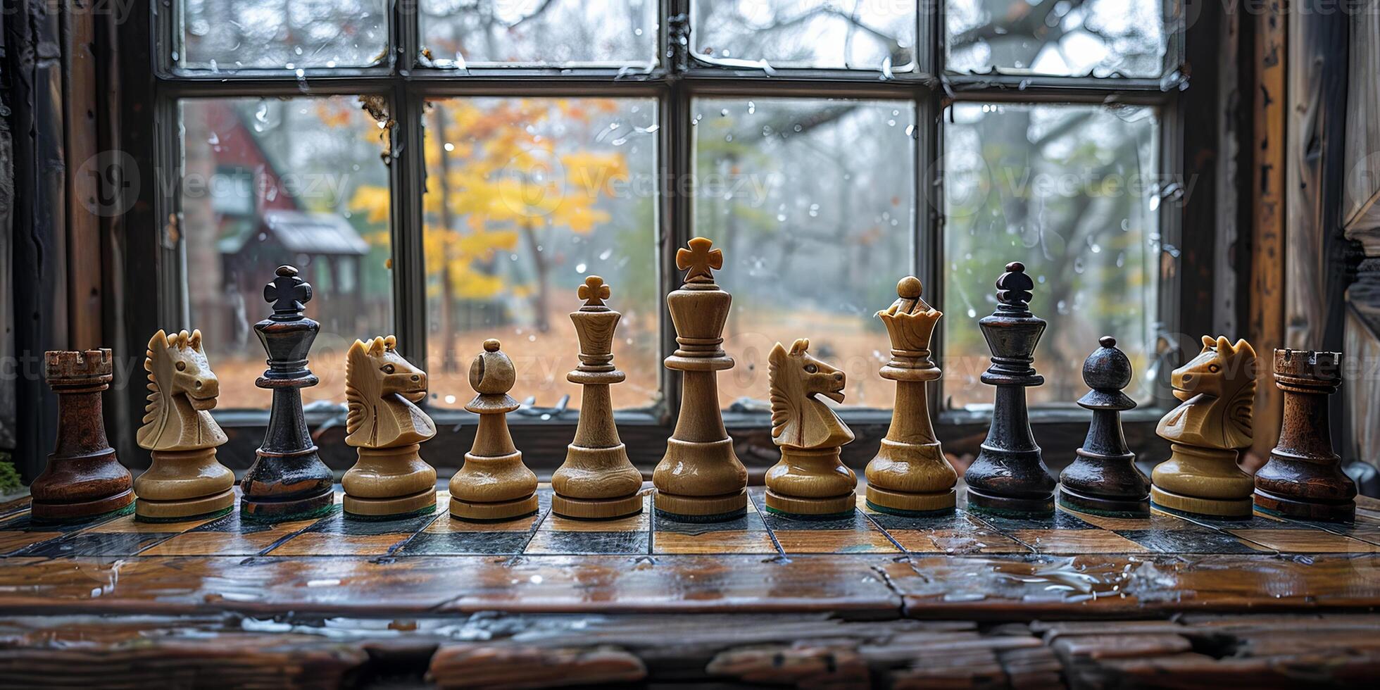 There are chess pieces placed on the window sill in front of a window photo