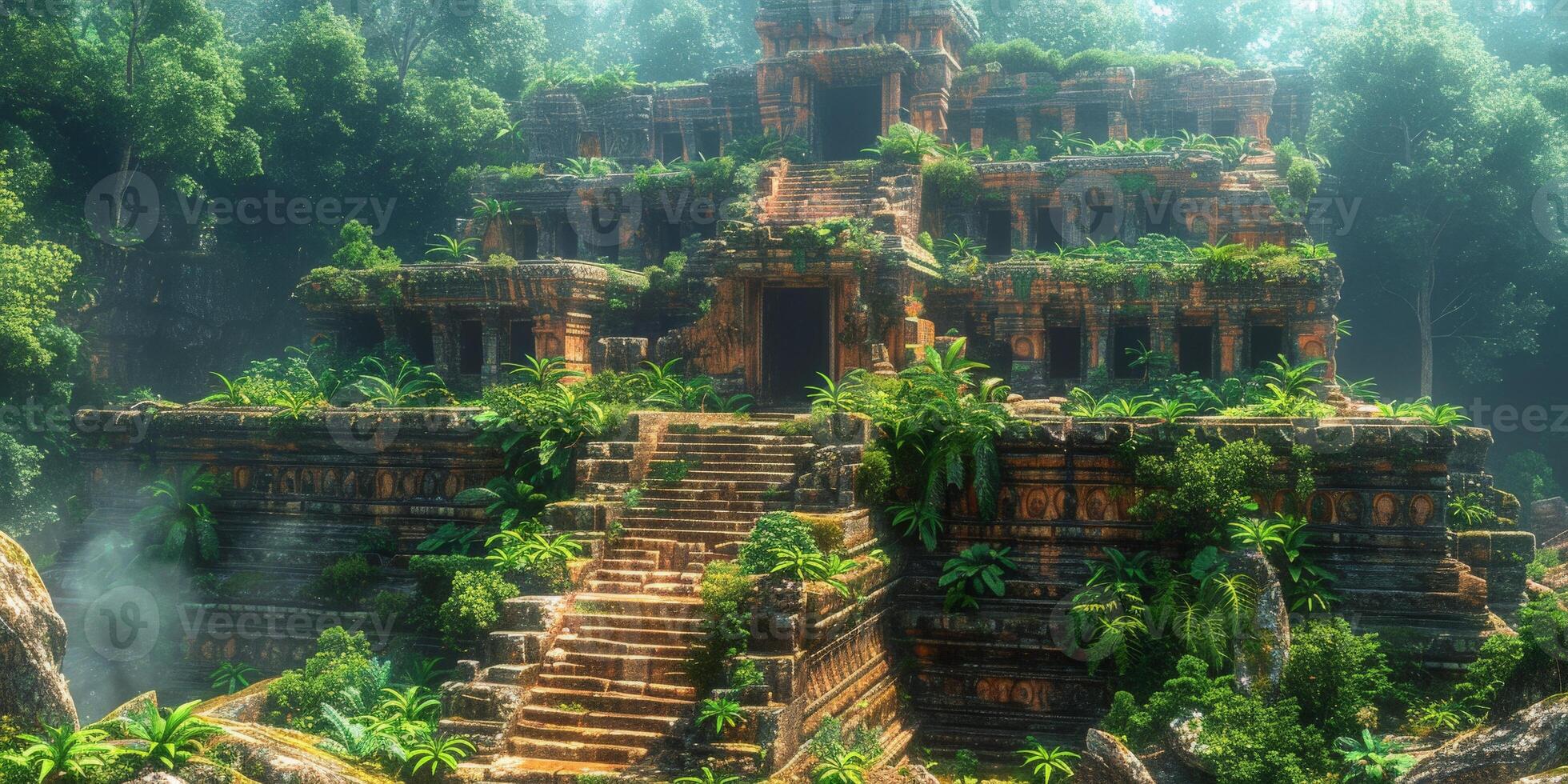 Brick building in forest surrounded by trees and plants photo