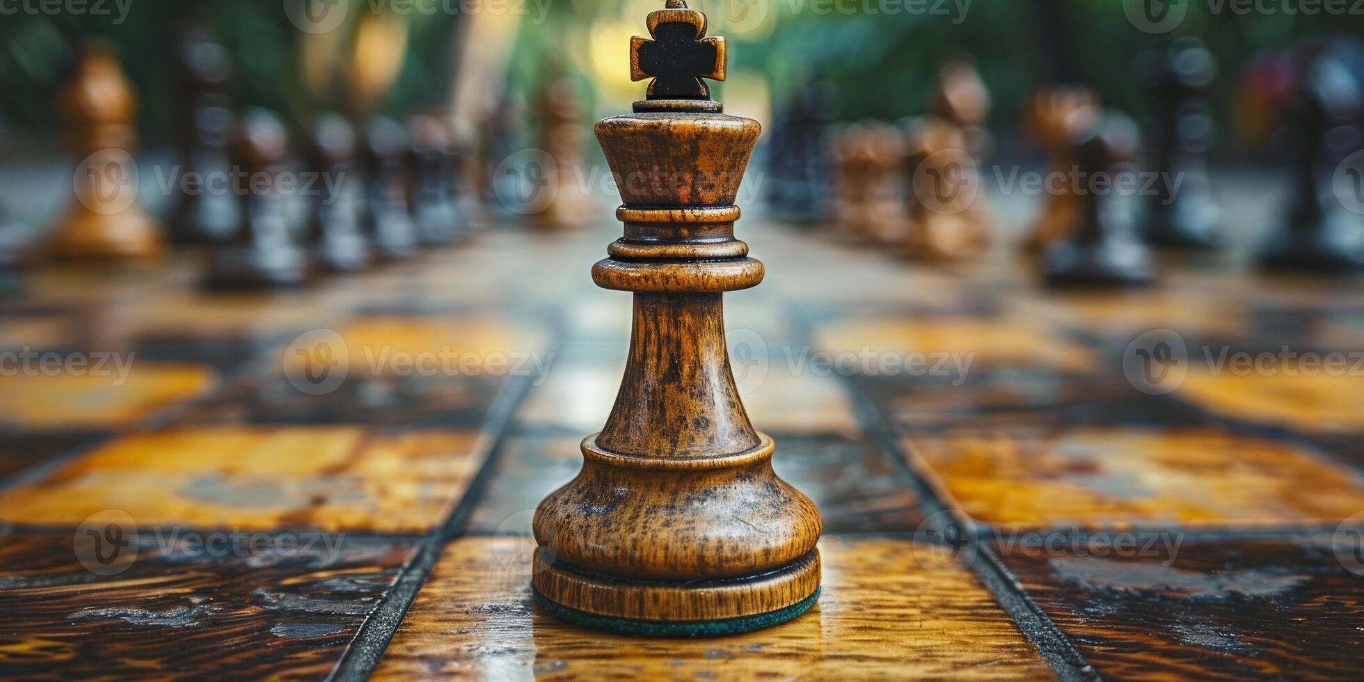 A king chess piece is placed elegantly on a wooden chessboard photo
