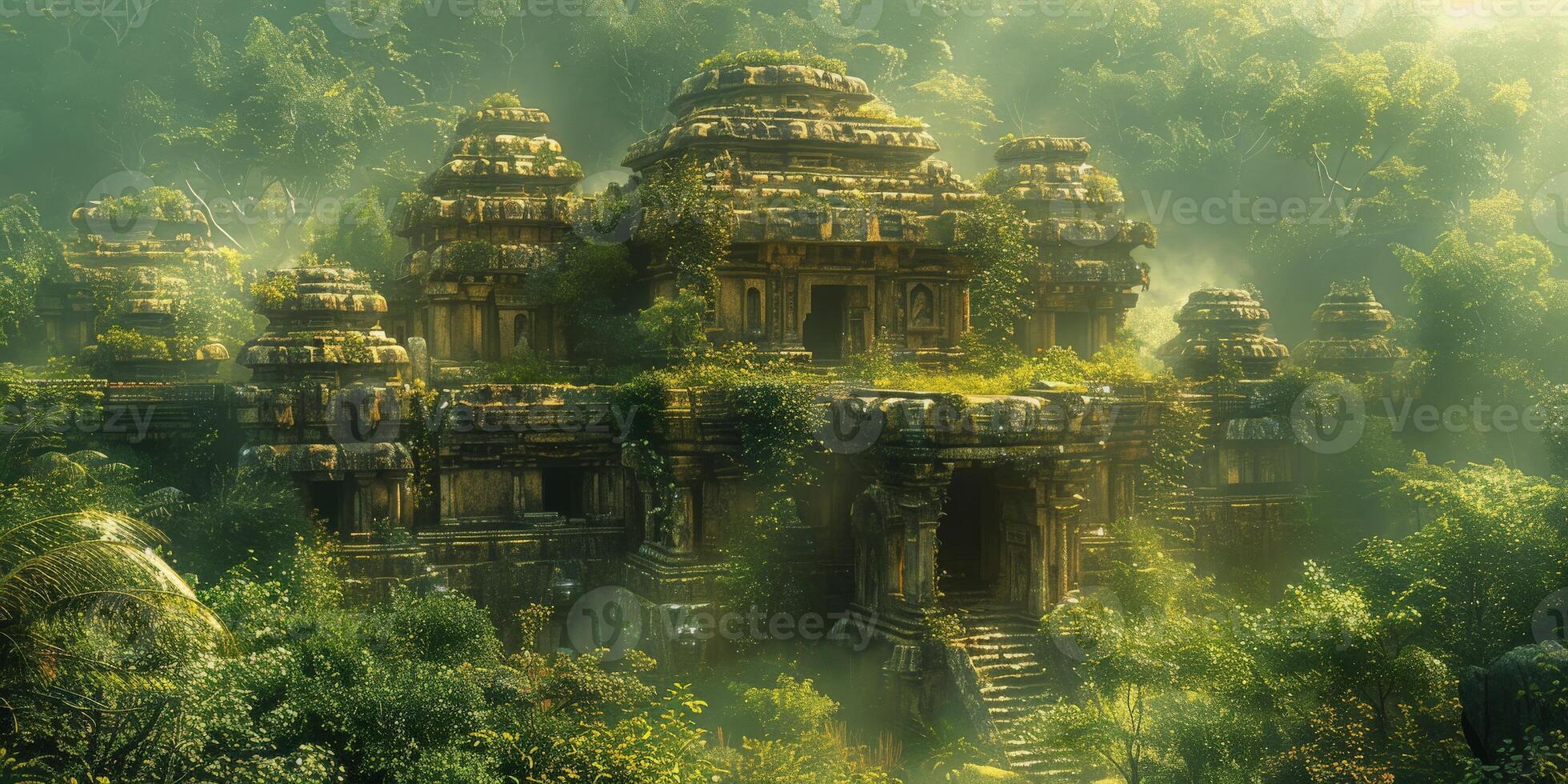 Pixelated image of an old temple in a forest, blending nature and artistry photo