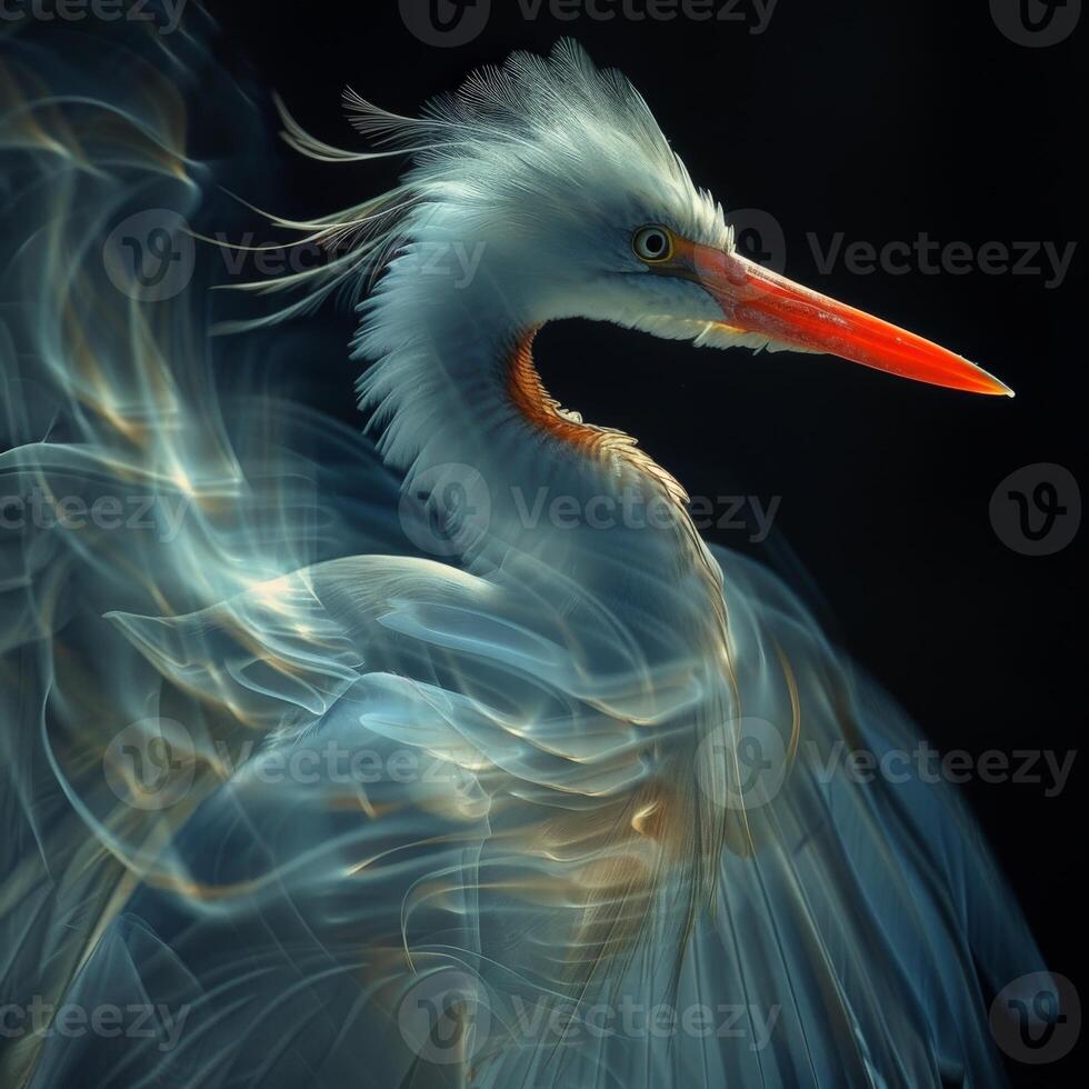 In the midst of smoke, a bird featuring a lengthy red beak emerges photo