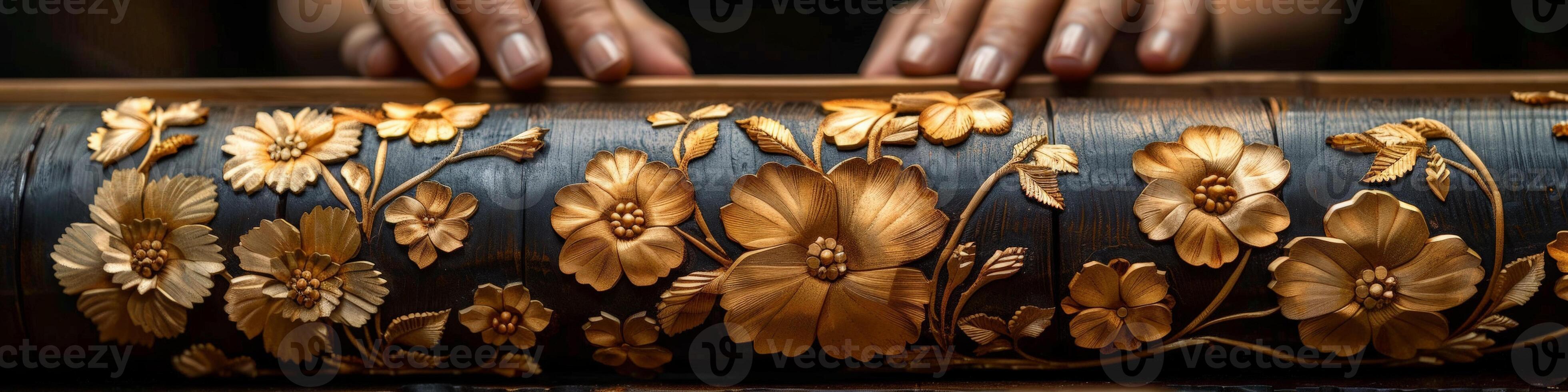 A person is holding a piece of wood decorated with gold flowers photo