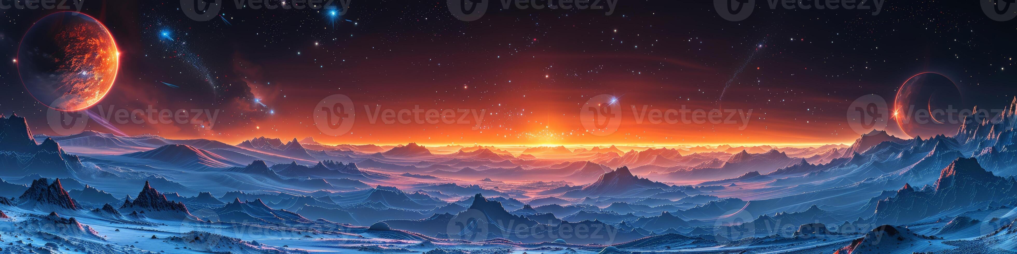 Computer generated landscape with mountains and planet in the sky photo
