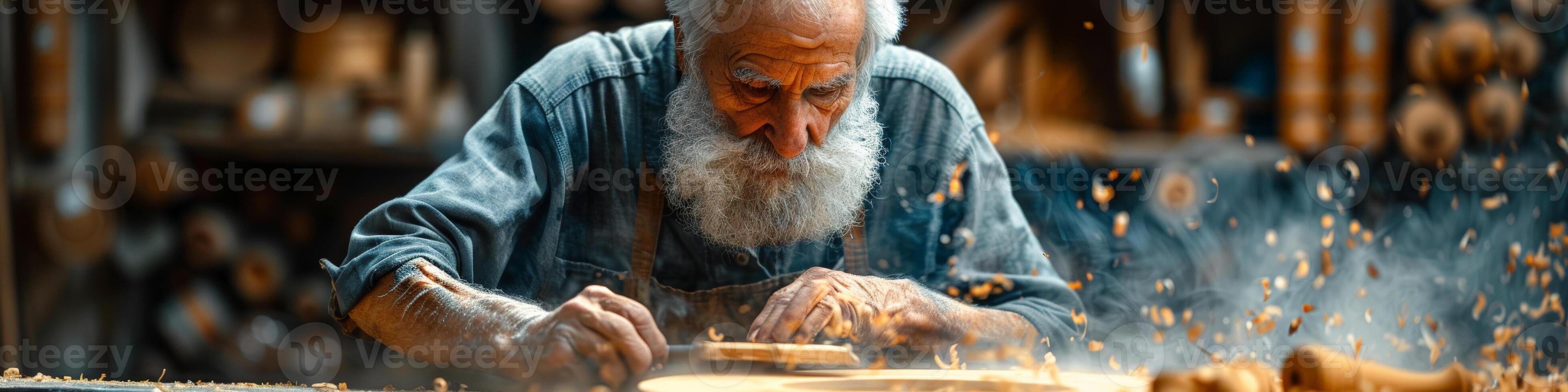 In a workshop, a man with a beard is busy working on a piece of wood photo