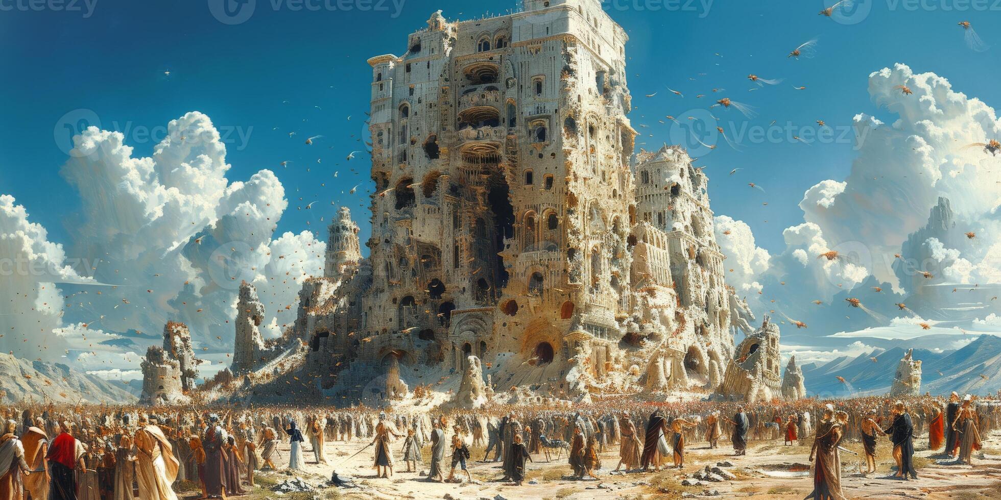 A group of people in front of a large building in a painting photo