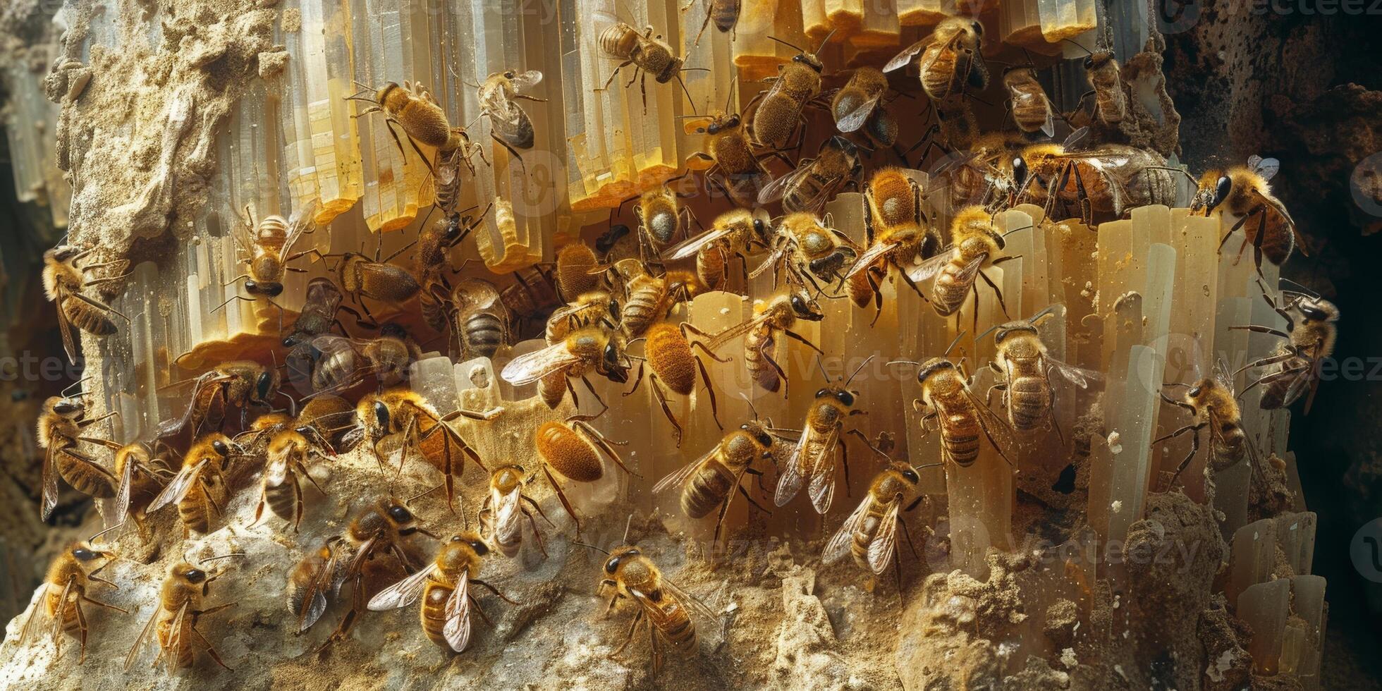 A cluster of bees has congregated on a single strand of spaghetti