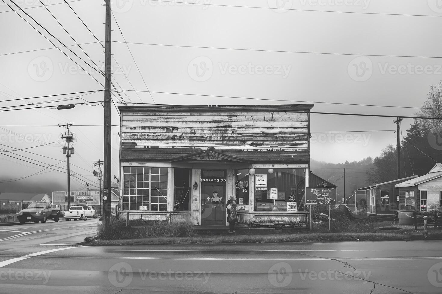 Black and white photo of old building with abercrombie fitch sign