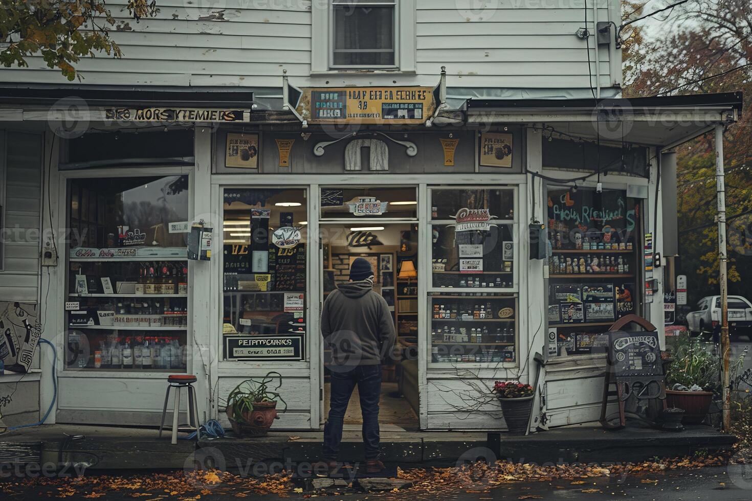 A man is standing in front of a shop with a sign that reads turkey seal photo