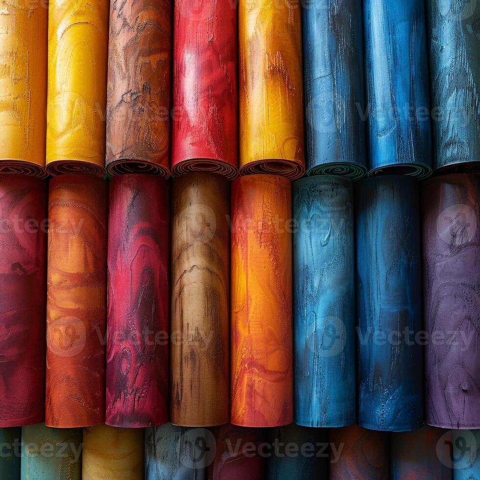 A series of variously colored sticks aligned in a straight line photo