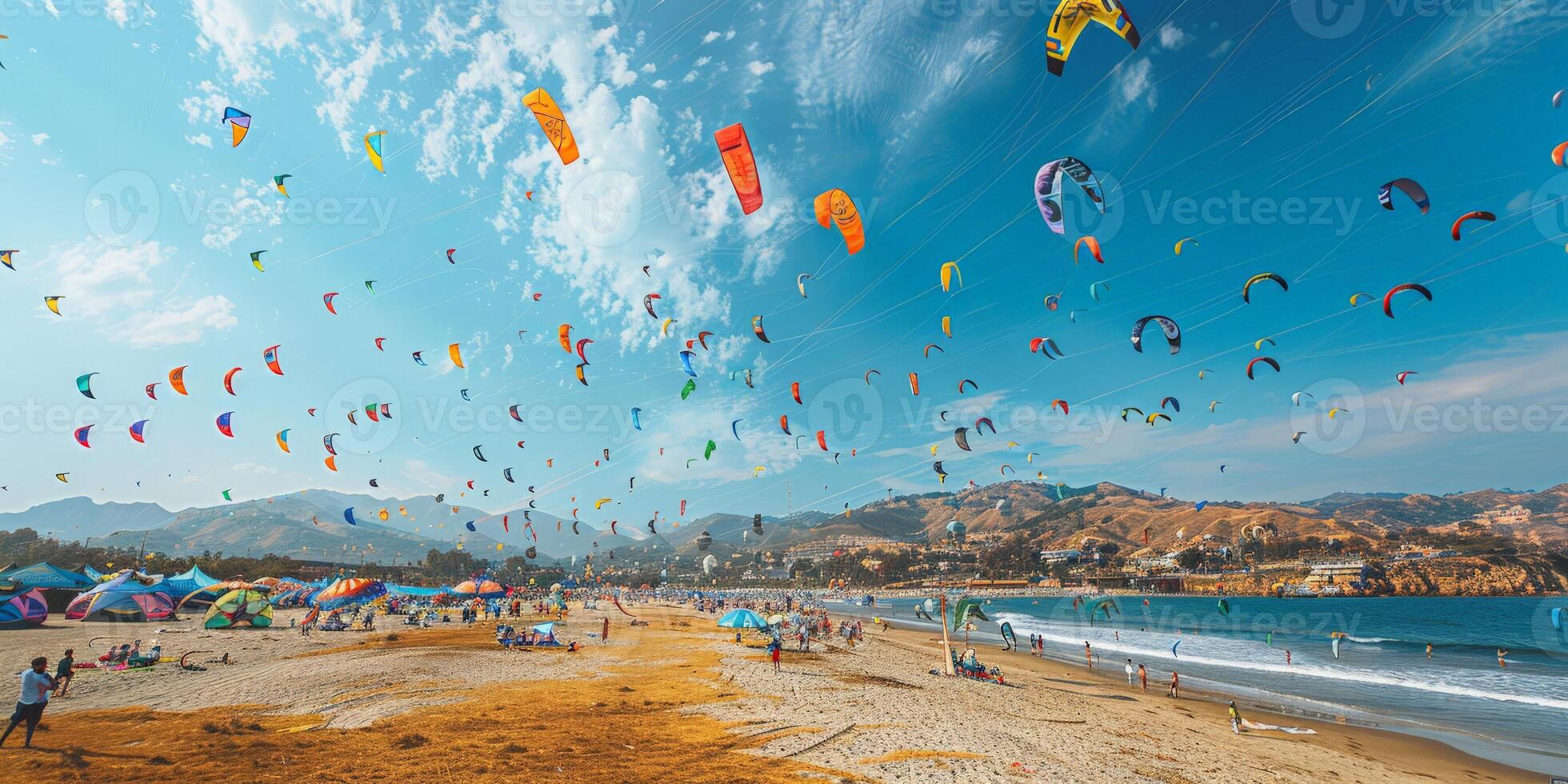 A group flies kites on a sunny beach near azure waters under a clear sky photo