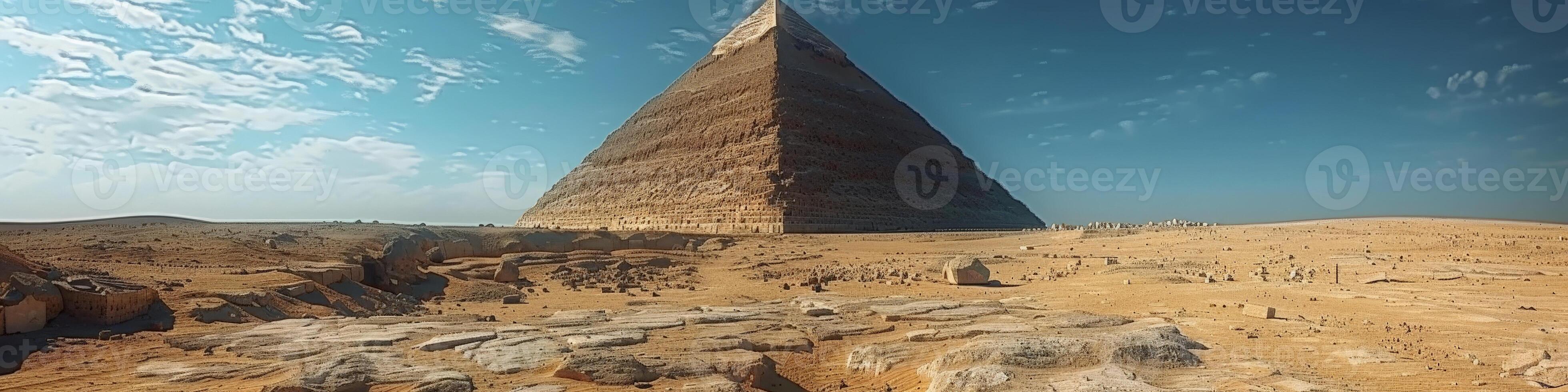 In the middle of a vast desert stands a massive pyramid under the open sky photo