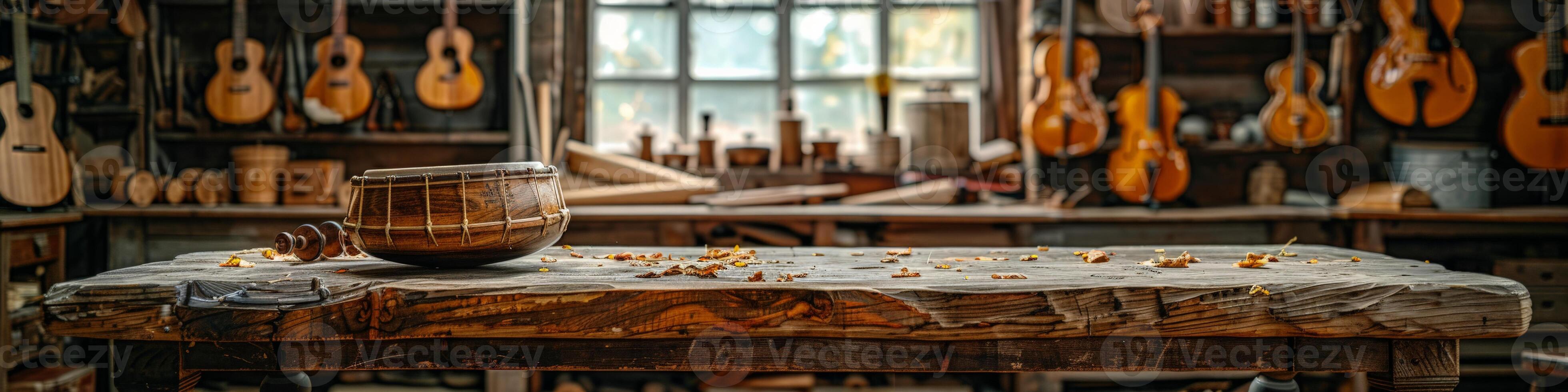 In a workshop sits a wooden table topped with a bowl photo