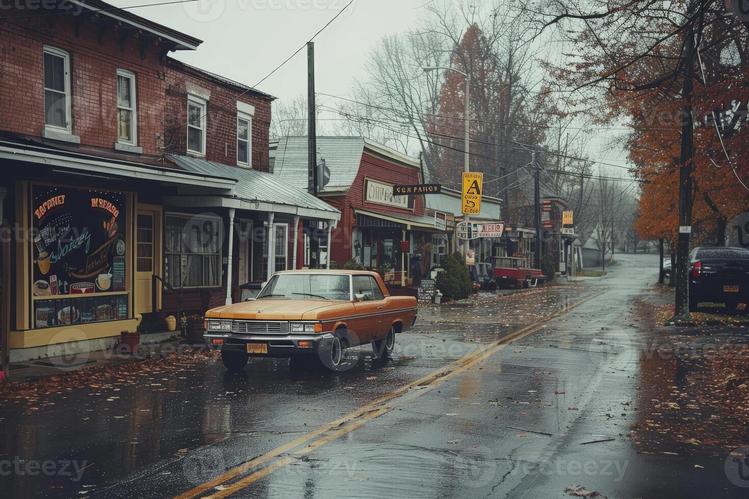 A bright yellow vehicle is parked next to a building displaying a lunch sign photo