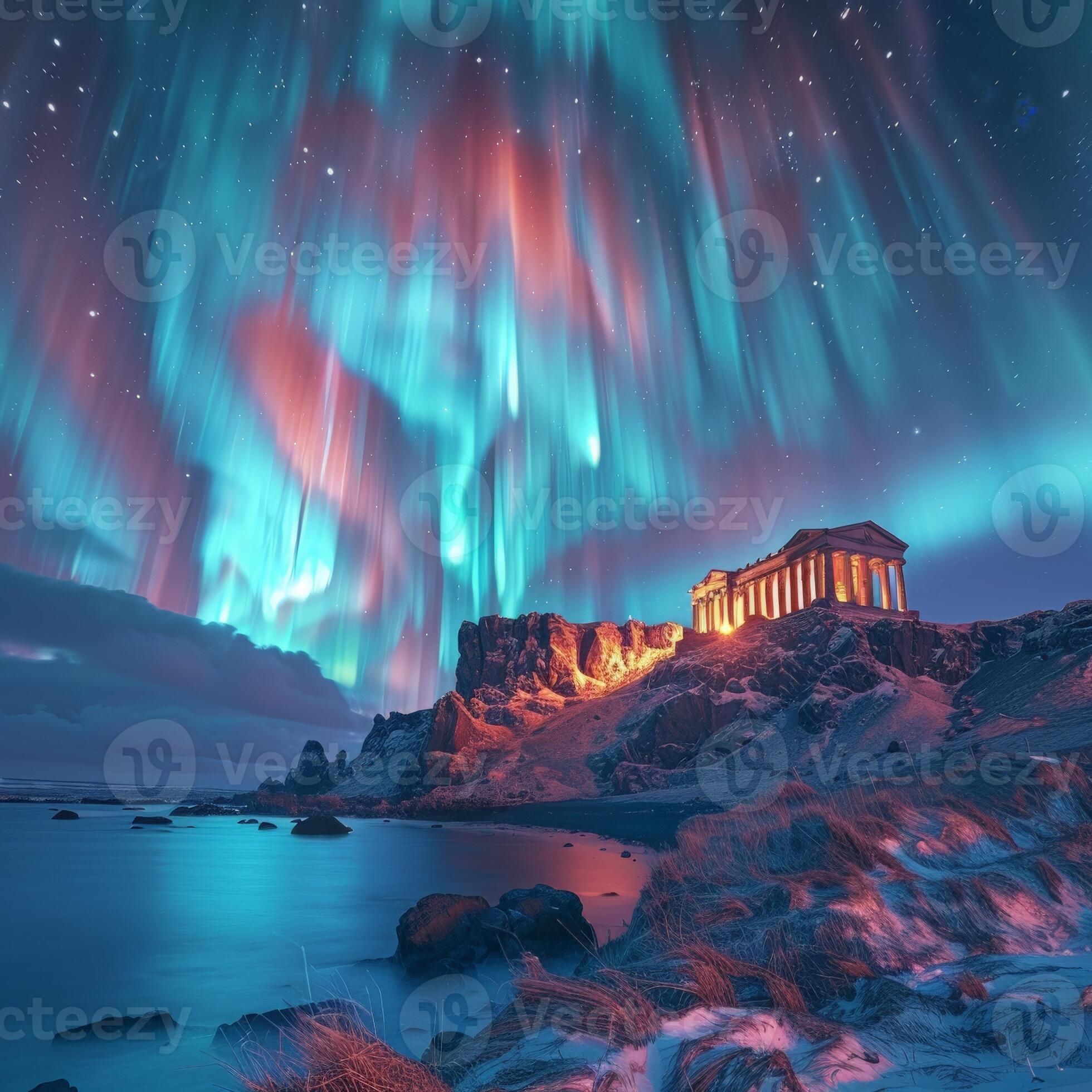 The aurora borealis illuminates the sky above the historic Greek temple