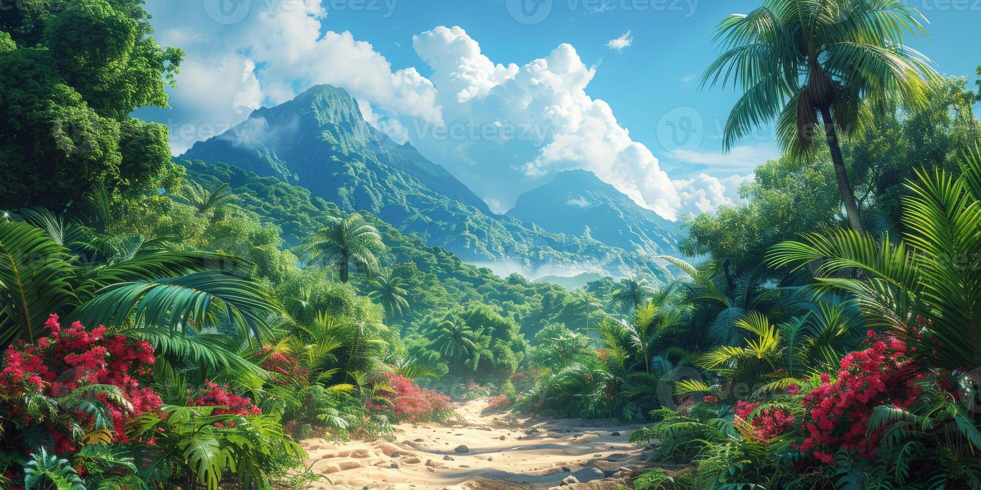 A dirt road in a lush green forest with mountains in the background photo