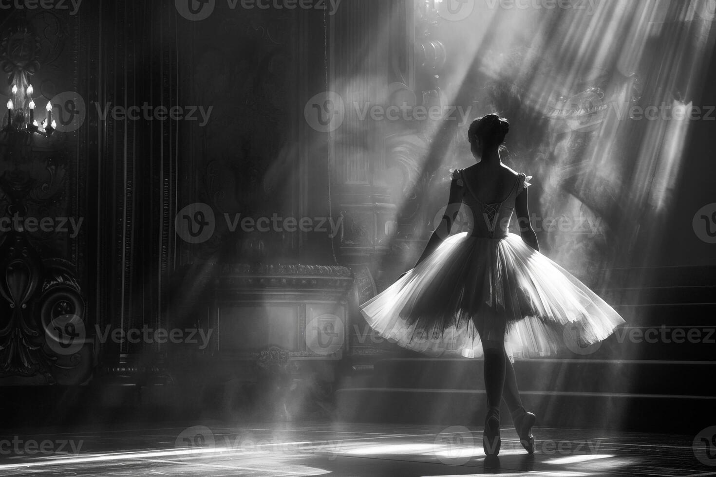 A black and white photo of a ballerina poised gracefully in a tutu