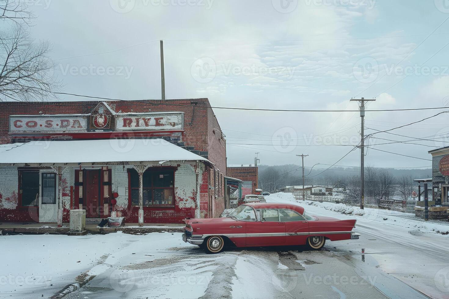 A red car in front of a building with the word wive on it photo